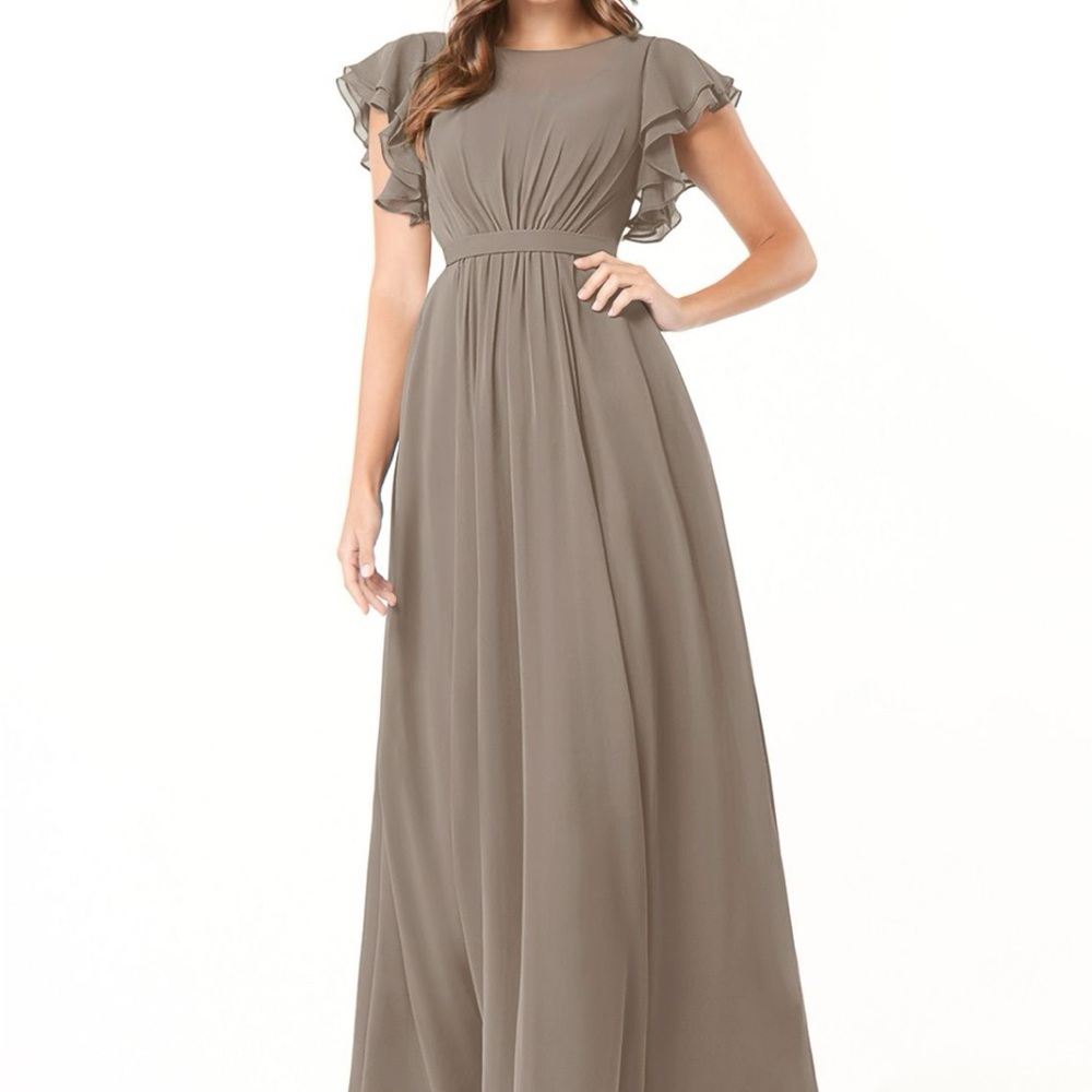 Azazie Taupe Flutter-Sleeve Chiffon Evening Gown